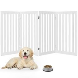 Folding 4-Panel Dog Gate Pet Fence in White Wood Finish - WHCYEVC1598751